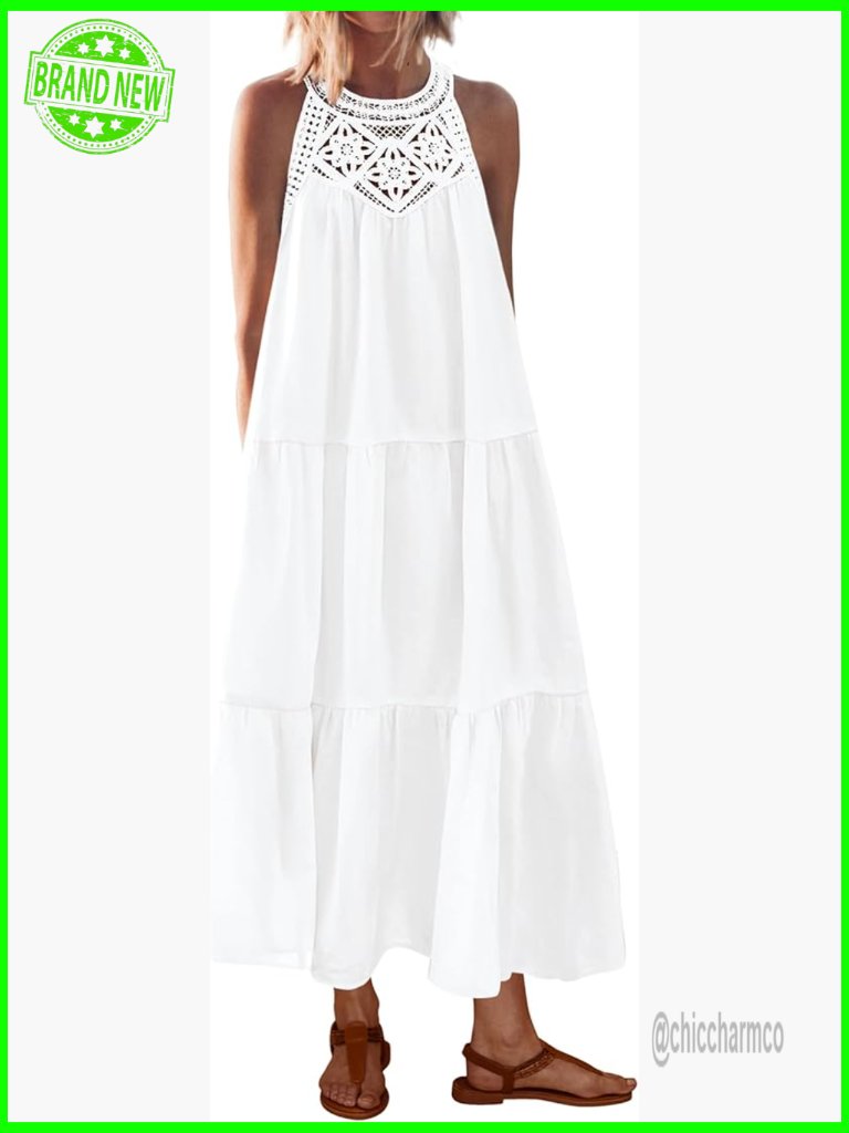 Halter Sleeveless Hollow Out Boho Maxi Dress Casual Side Pocket Tiered